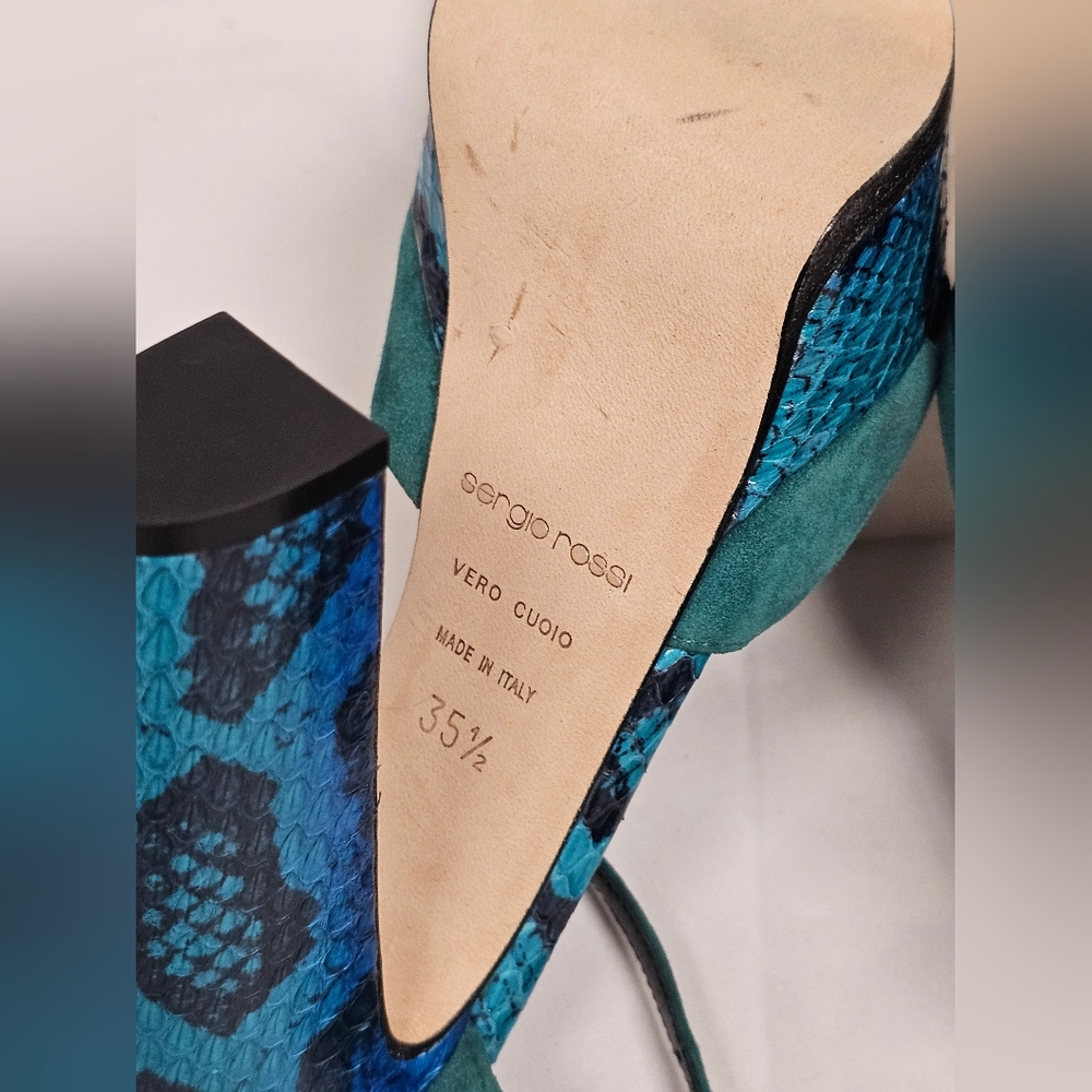 Sergio Rossi Elaphe Blue/Green Suede and Python Leather Platform Size US 5.5 - Picture 11 of 16